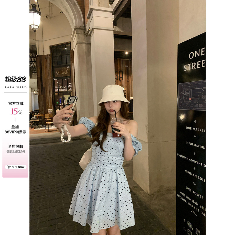 Wild and Spicy Summer Sea Salt Style, Slightly Chubby Mm100 Cotton Square Neck Flutter Sleeve Polka Dot Dress, Slimming Plus Size Dress