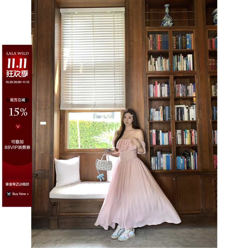 Wildly Popular, One-Shoulder, Two-Way Wear, French-Style, Large Skirt, Lyocell, Long, Waist-Cinching, Plus-Size Dress