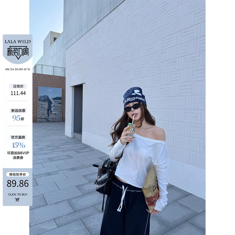 Wildly Spicy Rebellious Sweetheart Slightly Chubby Design-Inspired Pure Cotton Off-Shoulder Long Sleeve T-Shirt Autumn Loose Top Wildly Spicy Rebellious Sweetheart Slightly Chubby Design-Inspired Pure Cotton Off-Shoulder Long Sleeve T-Shirt Autumn Loose Top