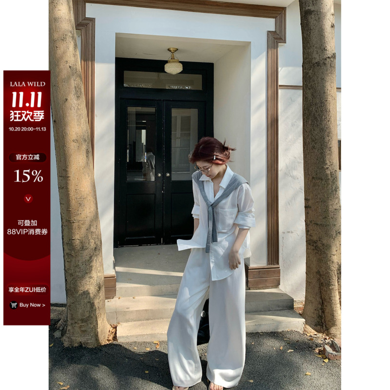 Wild and Spicy, Relaxed and Casual, Slightly Chubby Women's Casual Lazy Style Shawl Shirt and Long Pants Summer Sun Protection Set Wild and Spicy, Relaxed and Casual, Slightly Chubby Women's Casual Lazy Style Shawl Shirt and Long Pants Summer Sun Protection Set
