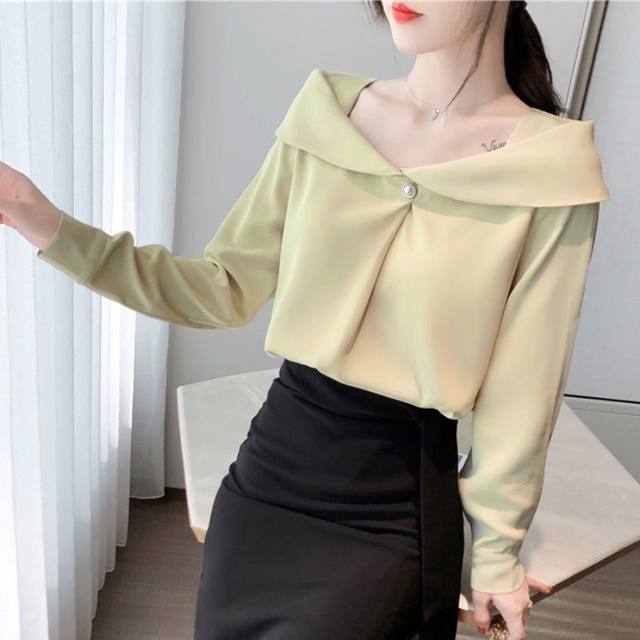 Chiffon shirt women's design sense niche spring one-shoulder collarbone top careful machine temperament long-sleeved shirt