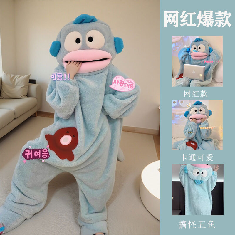 Clownfish One-Piece Pajamas for Women, Coral Fleece, Thickened, Plus Size, Warm, Autumn and Winter, Cartoon Big-Mouth Fish, Quirky Men's Robe