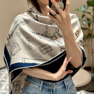 [Dancing Horse]Blue and Gold Color-Blocked Sketch Style Commuter Scarf, Elegant Autumn and Winter New Silk Wool Scarf Shawl