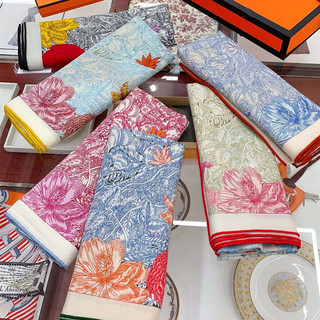 Return to Nature, High-Quality H Pink-Blue Double-Sided Printed Silk Cashmere Large Square Scarf, Velvet Air-Conditioning Shawl for Warmth in Autumn