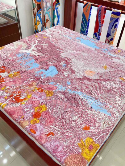 Return to Nature, High-Quality H Pink-Blue Double-Sided Printed Silk Cashmere Large Square Scarf, Velvet Air-Conditioning Shawl for Warmth in Autumn