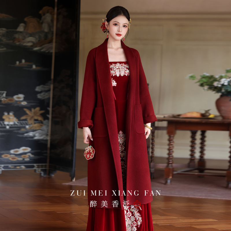 Red Coat for Women 2026 New Autumn and Winter Bridal Wedding Engagement Dress High-End Wool Coat Suitable for Daily Wear