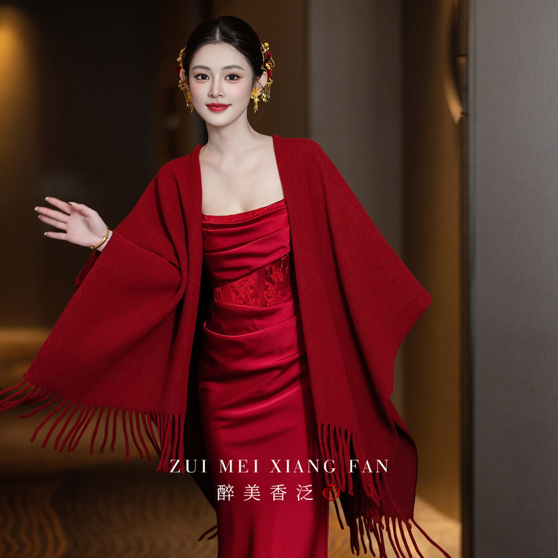 Red Strapless Gown for Women, Mid-Length Shawl Set, Wedding Toast Dress, Elegant Bride Engagement Dress 2026 for Women