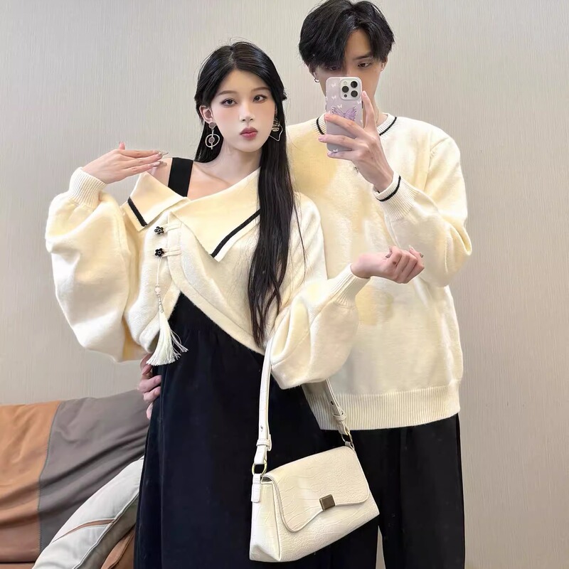New Chinese-Style Couple Outfits for Autumn 2026, Trendy Brand Sweater Women's Dress Set, One Skirt and One Top, French Style