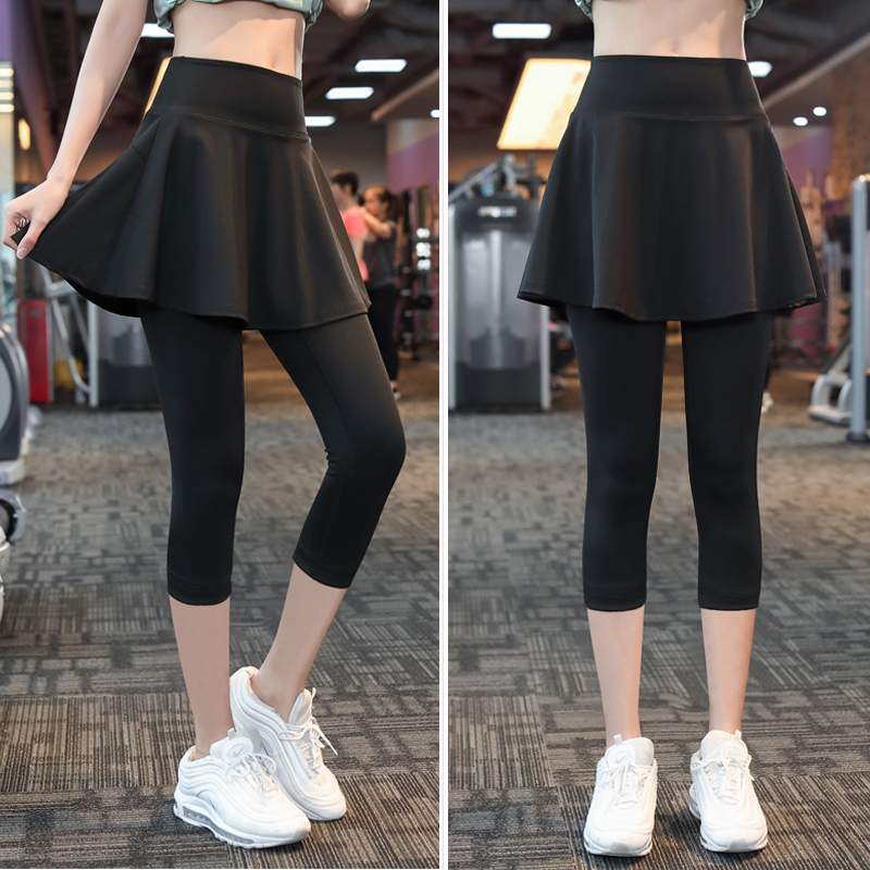 Plus-Size High-Waisted Summer Thin Two-In-One Sports Skirt Pants for Women, Gym Running Quick-Dry Yoga Capri Pants