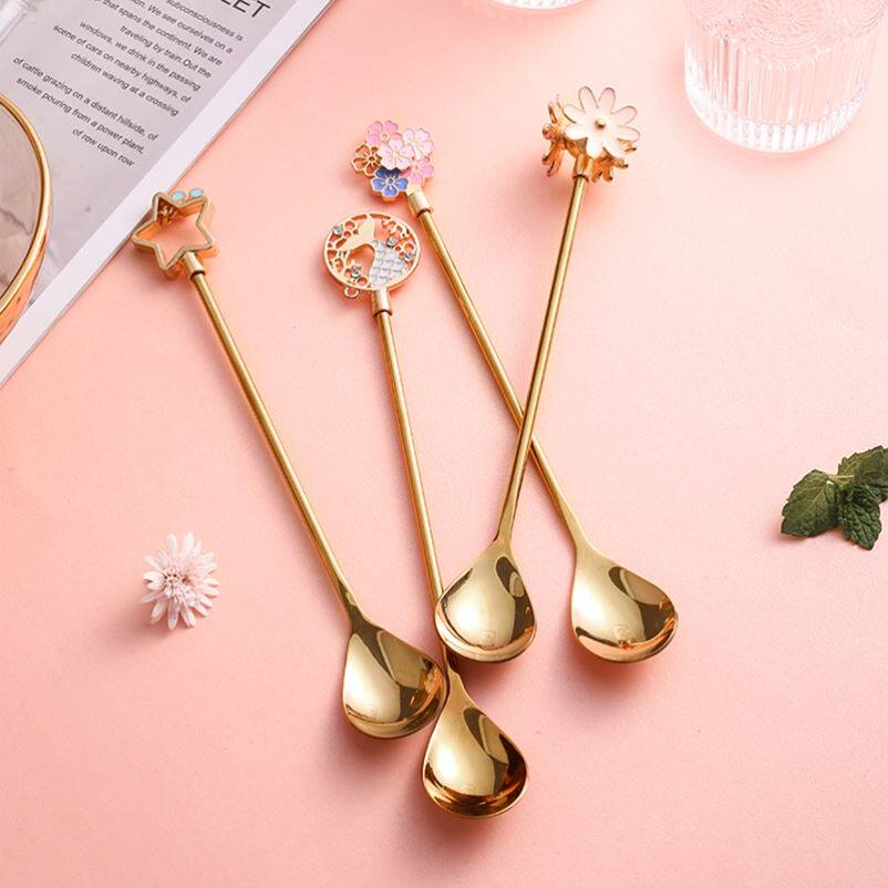 Coffee spoon high-end exquisite 304 stainless steel golden net red dessert stirring cherry blossom small spoon ins wind cute