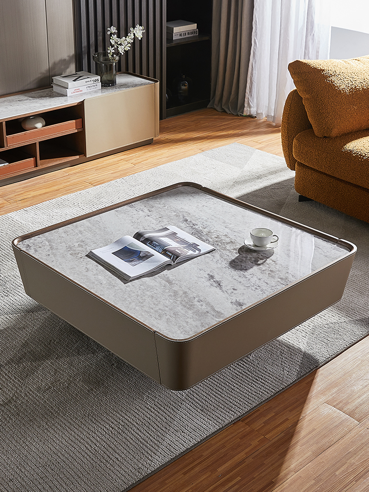 Fully furnished Italian light luxury rock board coffee table TV cabinet combination Nordic modern creative living room saddle leather square furniture