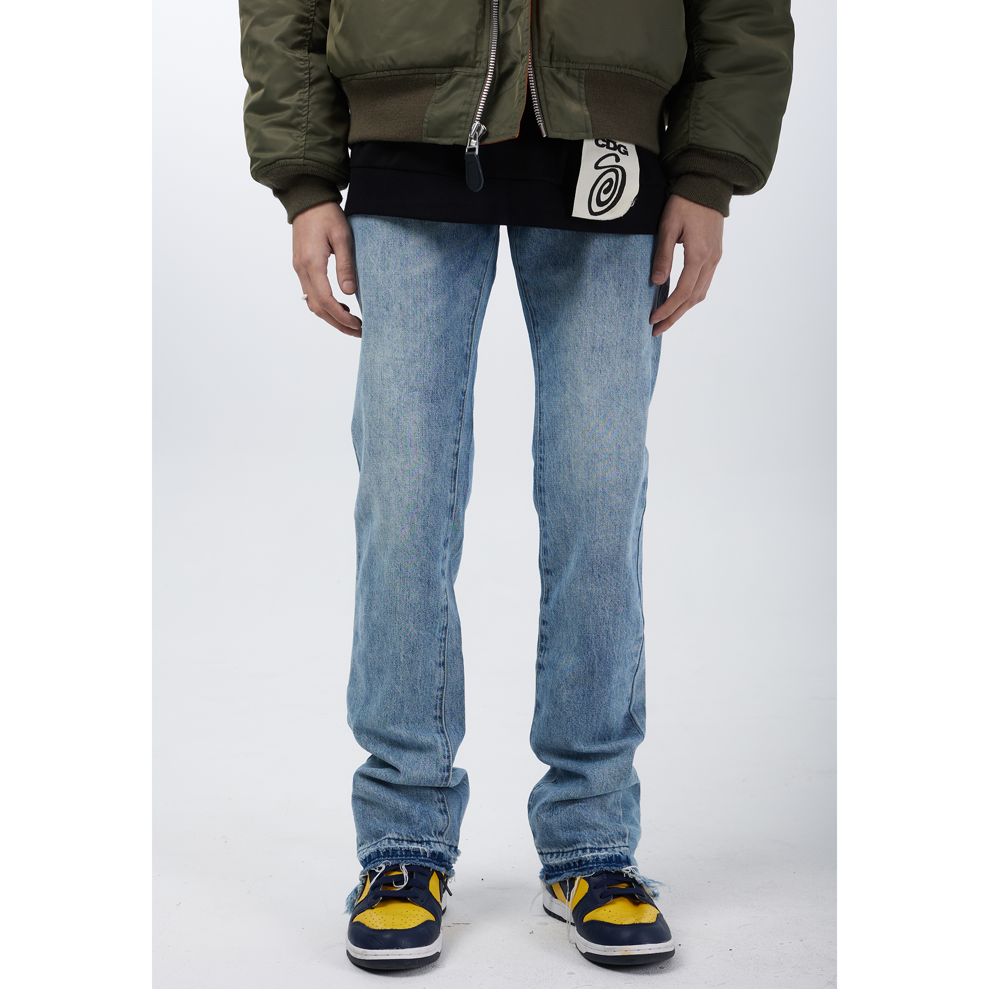 WANNA LAB washed splicing damage as old straight drum blue denim microhorn pants long pants male and female pants damp