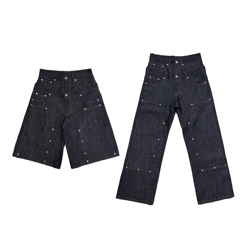 Wanna Lab Double Waistband Studded Indigo Blue Textured Raw Denim Lumberjack A-Line Straight-Leg Mid-Length Shorts Wanna Lab Double Waistband Studded Indigo Blue Textured Raw Denim Lumberjack A-Line Straight-Leg Mid-Length Shorts