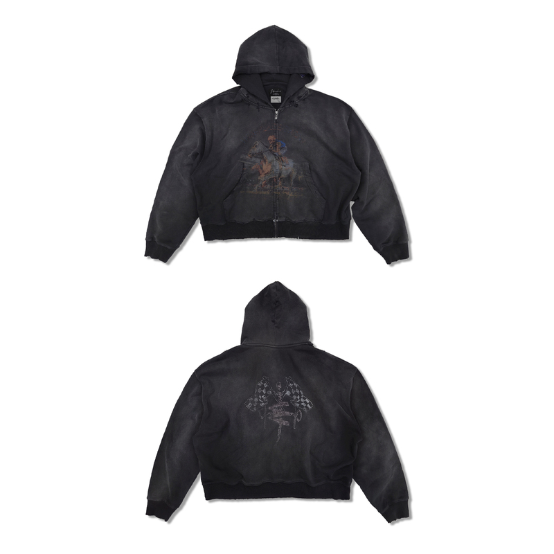 【Linbesui】Wanna Lab 26Ss Heavy Washed Vintage Distressed Horse Racing Print Hoodie