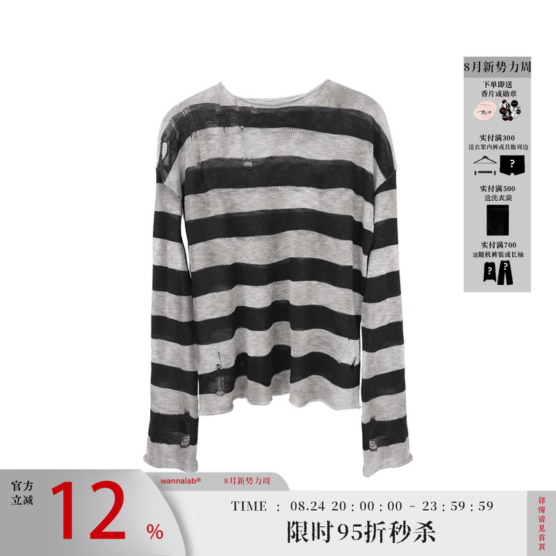 Wanna Lab 26Ss Hand-Knitted Ripped Black and White Striped Dirty-Dyed Ultra-Thin Blouse Round Neck Long-Sleeve Knit T-Shirt