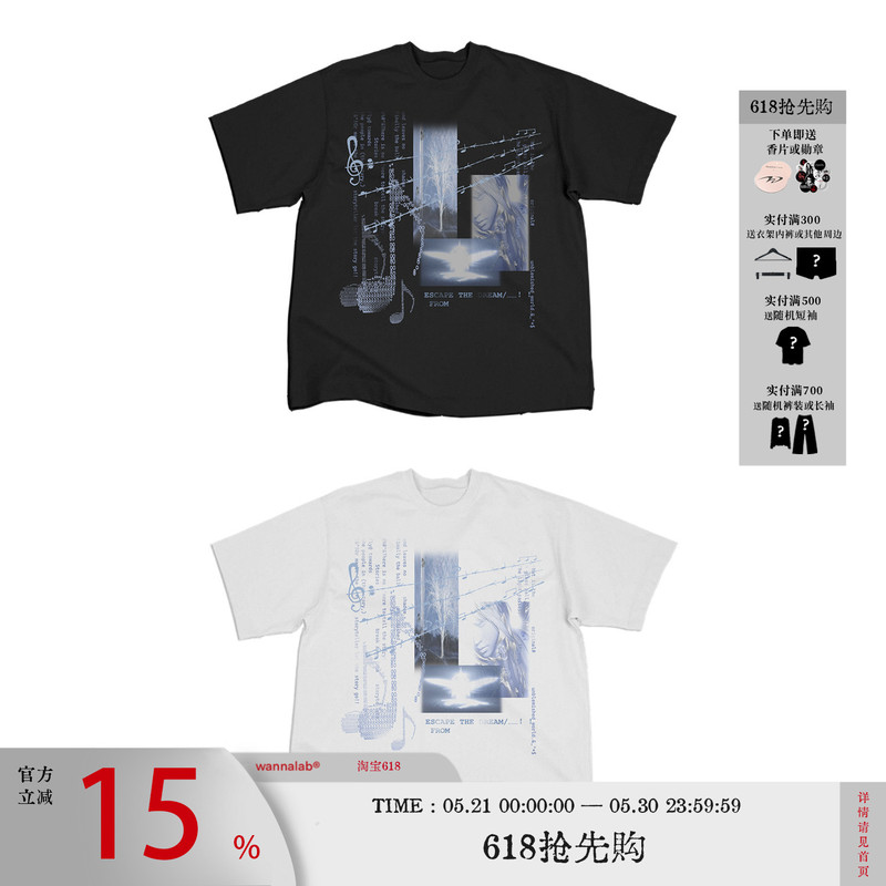 Wanna Lab Dream Core Note Angel Element Print Regular Shoulder Short Sleeve T-Shirt Unisex Slim Fit Breathable Cool Feeling