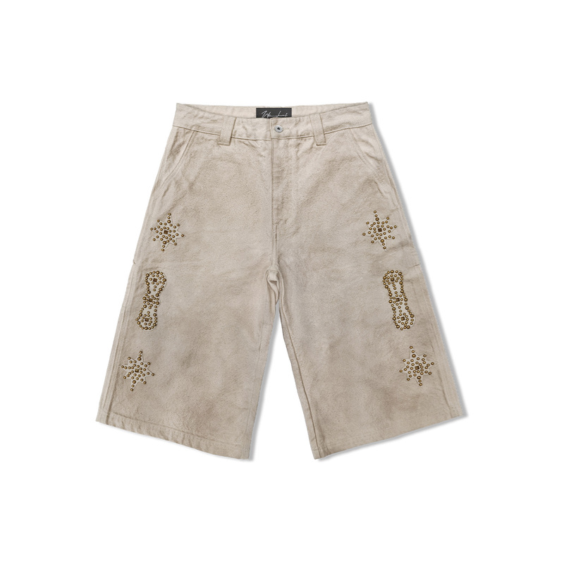 Wanna Lab 26Ss Genuine Leather Patch Brass Rivet Floral Distressed Fabric Color Beaded Workwear Six-Seven Length Shorts