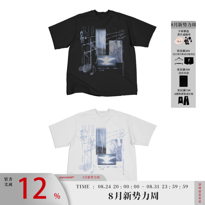 Wanna Lab Dream Core Note Angel Element Print Regular Shoulder Short Sleeve T-Shirt Unisex Slim Fit Breathable American Style Wanna Lab Dream Core Note Angel Element Print Regular Shoulder Short Sleeve T-Shirt Unisex Slim Fit Breathable American Style