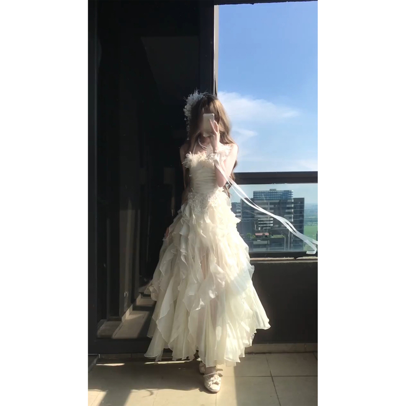 White Lace Camisole with Ruffles, Pure and Alluring A-Line Dress, Summer Dress with Embroidery, Slim-Fitting Waist-Cinching Birthday Dress