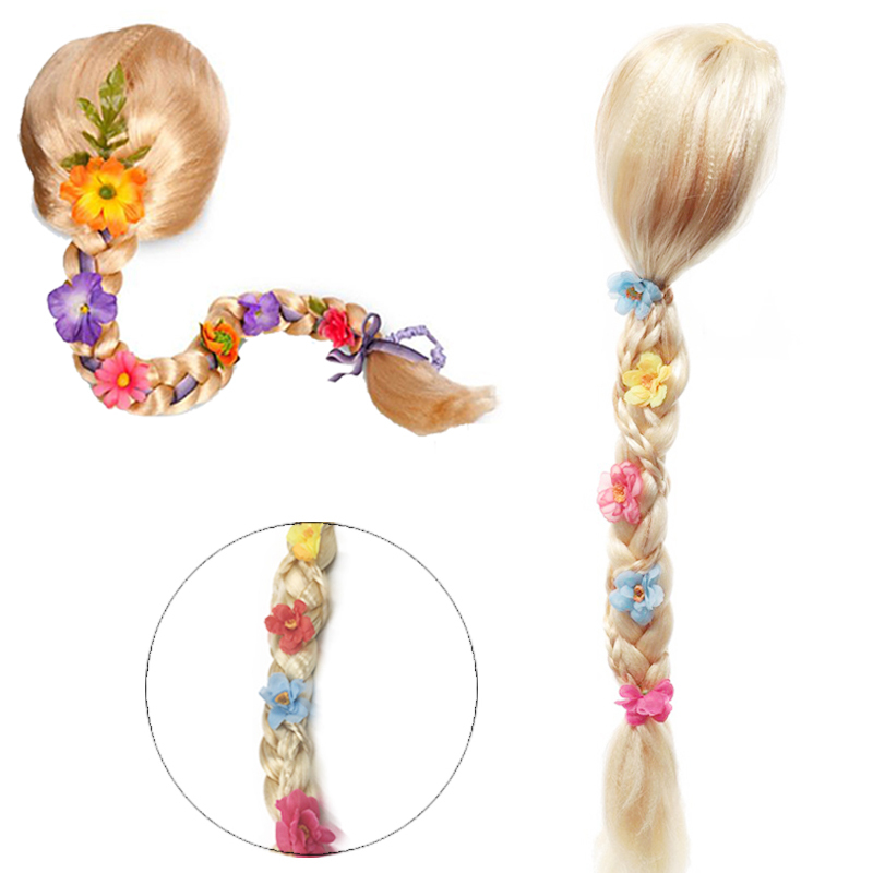 Children and Adults Cosplay Rapunzel Magic Fairy Tale Role-Playing Wig Long Hair Braids Performance Headwear with Flowers