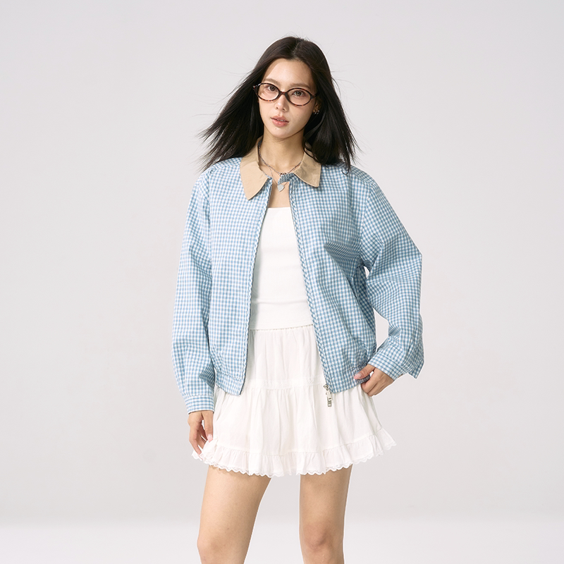 Tenpsen Autumn Miu-Style Blue Plaid Jacket Retro Korean Versatile Loose College Color-Block Plaid Coat