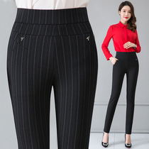 2020 New plus velvet padded middle-aged womens pants striped casual pants high waist loose mother Spring and Autumn straight long pants
