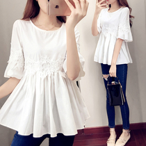 18 summer dress new Korean lace cotton short sleeve pregnant womens shirt thin ruffled shirt maternity short