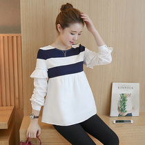 Autumn dress Korean cotton striped pregnant womens shirt long sleeve T-shirt short fake two-piece pullover stitching base shirt