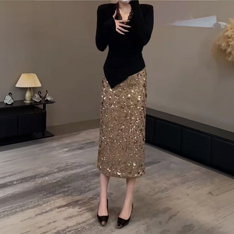 Plus-Size Socialite Style Sequined Loose A-Line Skirt for Women, New Autumn and Winter High-Waisted Drapey Long Skirt with Back Slit, Versatile