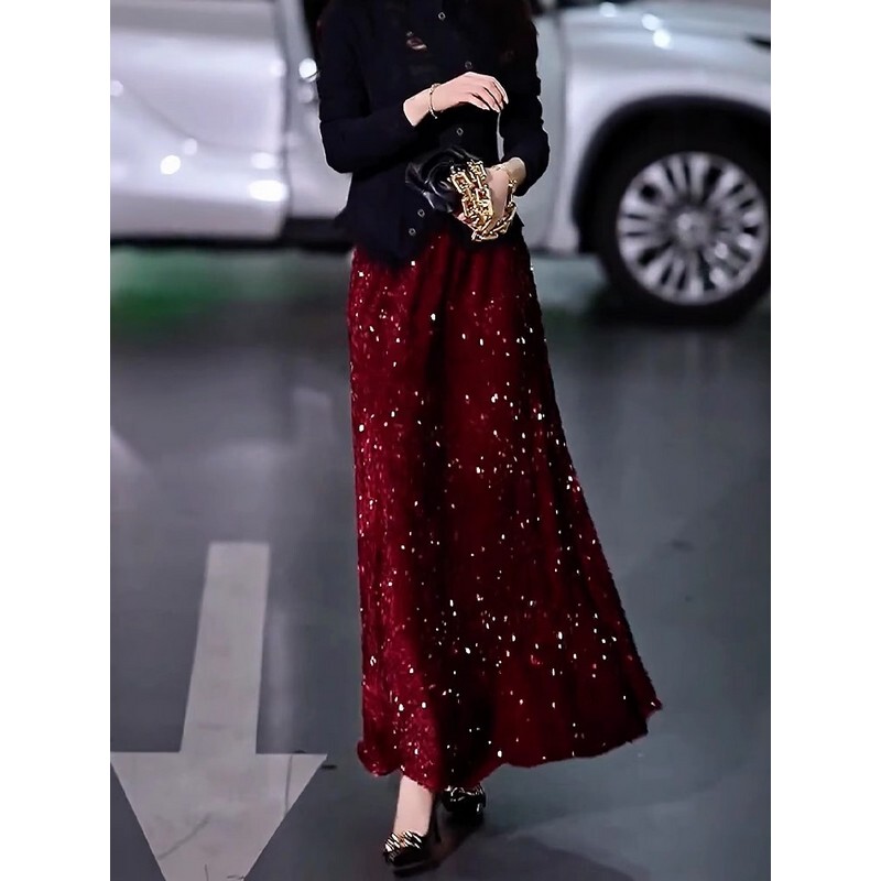 Plus-Size Women's Fashionable Red Sequin Sparkling Skirt, New Autumn High-Waisted Slimming Drapey A-Line Long Skirt