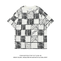 FROG National Tide Graffiti Chessboard Lattice Short Sleeve Cotton T-Shirt Woman 2022 Summer Loose Tiger Stamp Retro-Compassionate