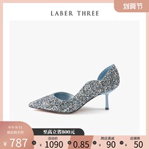 LaberThree Princess sequin blue stiletto heels crystal shoes bride pointed wedding shoes women Summer single shoes