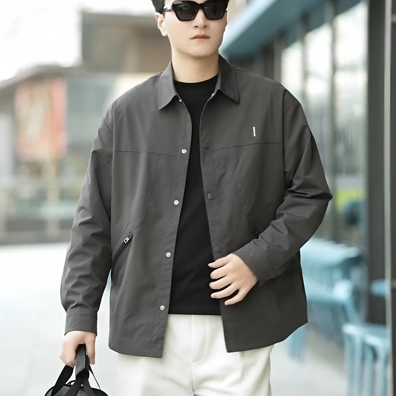 Men's Dark Gray Workwear-Style Shirt-Style Jacket, New Spring and Autumn Casual Loose Coat, Trendy Brand Top, Versatile