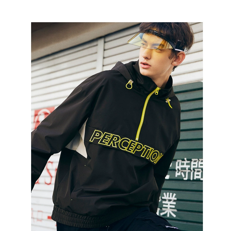 Mark Huafei áo khoác nam 2019 xuân mới màu tương phản nửa dây kéo chữ thêu top hoodie - Cực lớn