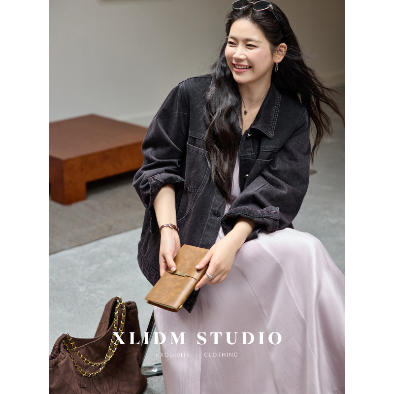 Xiaoli Plus Size Women's Clothing Custom-Dyed Plum Purple Gray~Vintage Lapel Autumn New Loose Casual Soft Denim Jacket