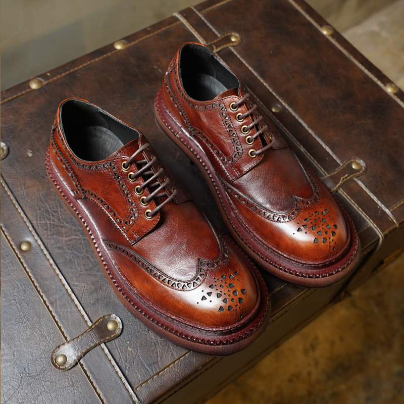 Handmade Brogue Carved Vintage Handsome Men's Leather Shoes British Genuine Leather Men's Shoes Business Casual Thick-Soled Derby Shoes
