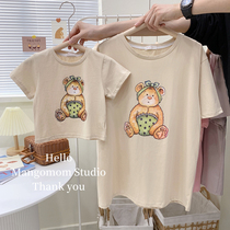Mother and daughter dress parent-child Home 2022 Summer new South Korean childrens clothing family of three loose T-shirt baby short sleeve