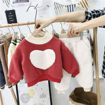 Anti-season special baby velvet thick suit Small childrens clothing winter clothes Men and womens children Western style sweater cotton pants Childrens two-piece set