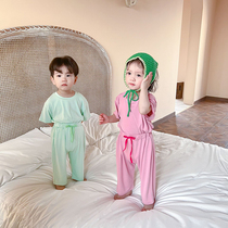 2022 new childrens pyjamas summer girls home clothes boy air conditioning Candy Color baby clothes Korean childrens clothes