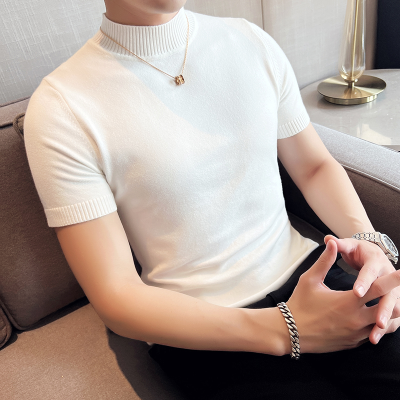 Half Turtleneck T-Shirt Men's Short-Sleeved Sweater 2026 New Spring and Autumn Style Inner Layer High-End Mid-Collar Knitted Base Shirt