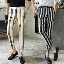 Summer thin pants mens trend nine-point pants slim-fit small feet casual nine-point pants Striped wild drop sense small trousers