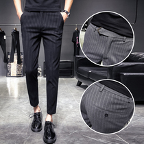 Ruffian handsome suit pants mens summer thin fashion striped casual 9-point trousers Slim-fit small feet 9-point suit pants