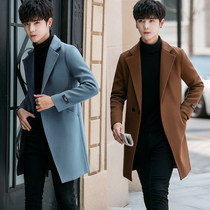 Wool coat mens autumn and winter Korean version 2021 new medium-long handsome trench coat trend brand British trench coat