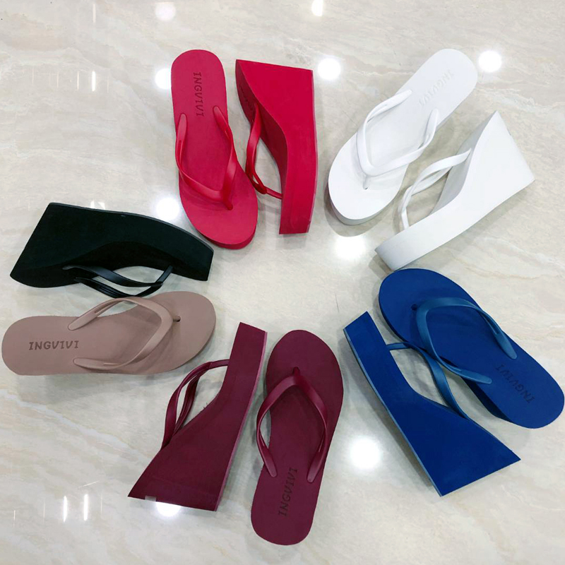 New 9cm High-Heeled Slippers for Women, Summer Thick-Soled Flip-Flops, Beach Shoes, Wedge Heel Thong Sandals, Platform Shoes