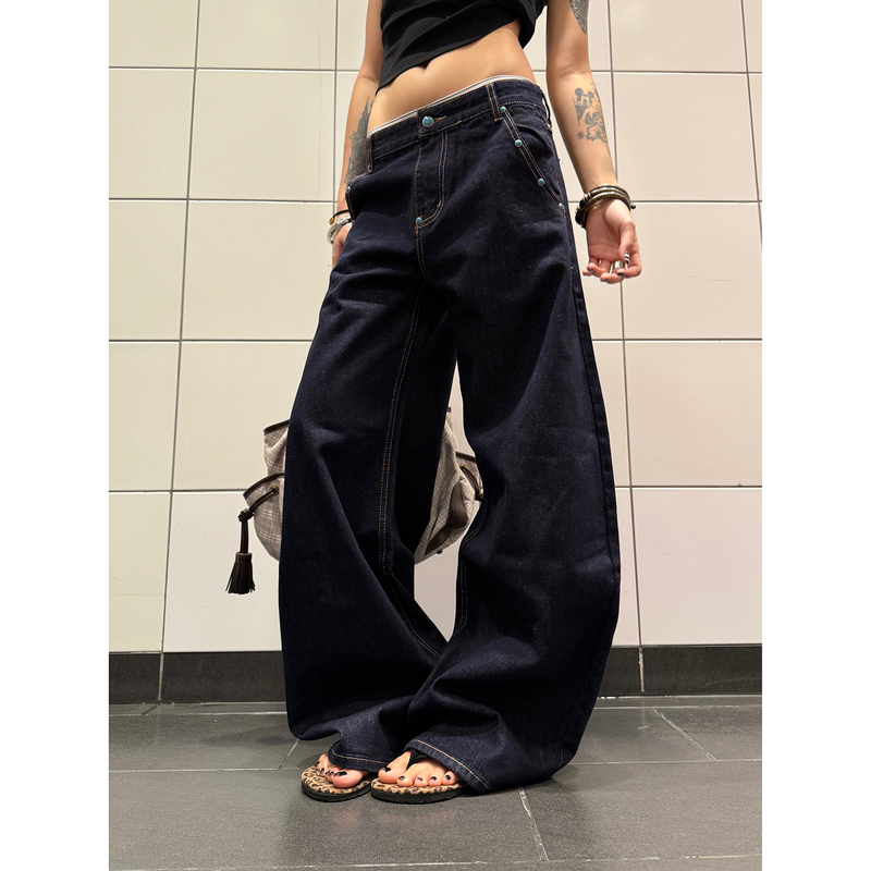 F383 American Retro Denim Original Color Turquoise Scimitar Jeans Unisex A-Line Straight Wide-Leg Pants Trendy
