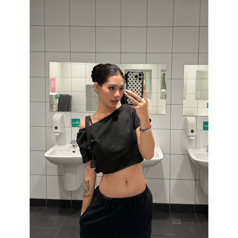F383 American Retro Solid Color Short Half-Round Neck Asymmetrical Shoulder Short-Sleeve Women's Summer Loose Slimming Versatile Top
