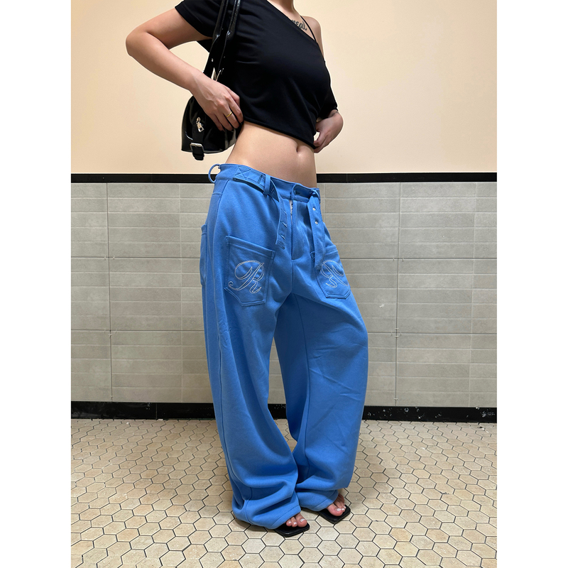 F383 American Retro Paris Buckle Design Embroidered Flocking Print Scimitar Wide-Leg Pants Unisex ins Casual Sweatpants F383 American Retro Paris Buckle Design Embroidered Flocking Print Scimitar Wide-Leg Pants Unisex ins Casual Sweatpants