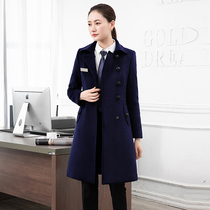 Stewardess uniform professional clothing woolen coat female medium length 2020 new cotton padded woolen coat overcoat tooling winter