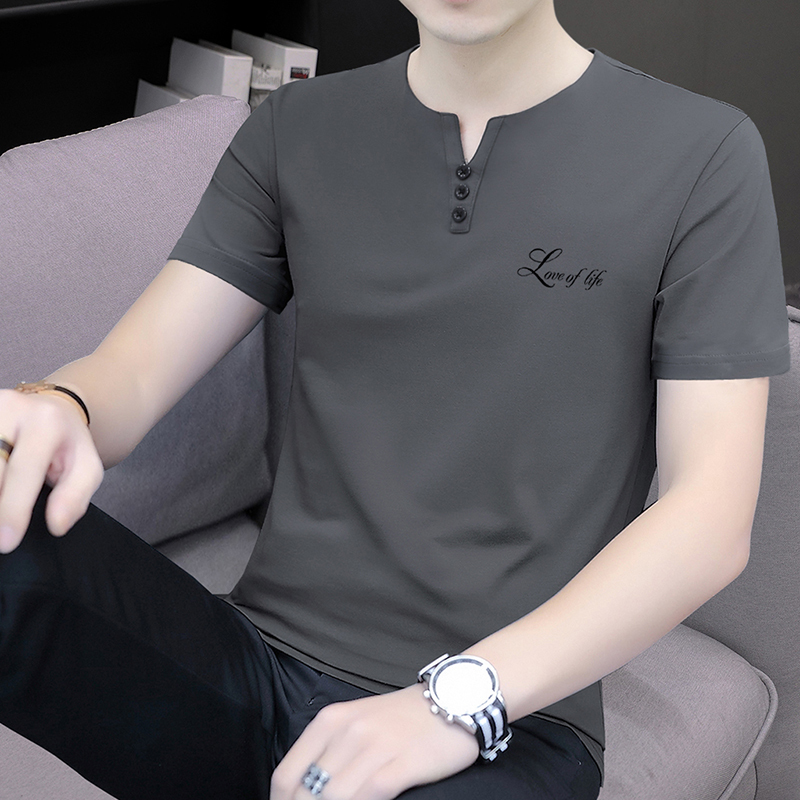 Pure Cotton Short-Sleeved V-Neck T-Shirt Men's Trendyy Top Sweetheart Collar Korean Style Men's Slim Fashion Letter Half-Sleeved T-Shirt