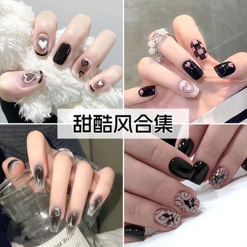 Black Sweet Cool Nail Art Finished Product, Yellow and Black Skin-Enhancing Long Nails, Wearable Nails, Short Square Round High-End Handmade Fake Nail Patches
